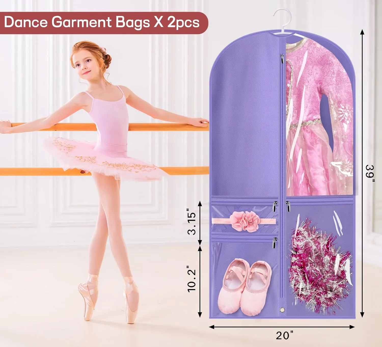 KIMBORA Costume Dance Garment Bag with 3 Clear Zipper Pockets for Suits Dress Cover, Travel Storage & Competitions, Set of 2 (Purple)