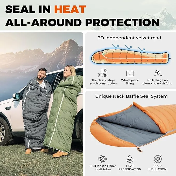 KingCamp Ultralight Down Sleeping Bag, 650 FP Compact Cold Weather 3-4 Season Sleeping Bag for Adults 10°F, Backpacking, Camping, Hiking, Traveling with Compression Sack
