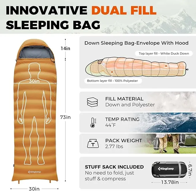 KingCamp Ultralight Down Sleeping Bag, 650 FP Compact Cold Weather 3-4 Season Sleeping Bag for Adults 10°F, Backpacking, Camping, Hiking, Traveling with Compression Sack