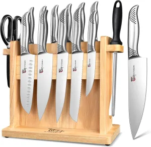 Kitchen Knife Set, Japanese Style Knife Set with Magnetic Block Holder, High Carbon Stainless Steel Sharp Knives Set for kitchen, Ergonomic Handle and Sharpener, 14 PCS Black Dot
