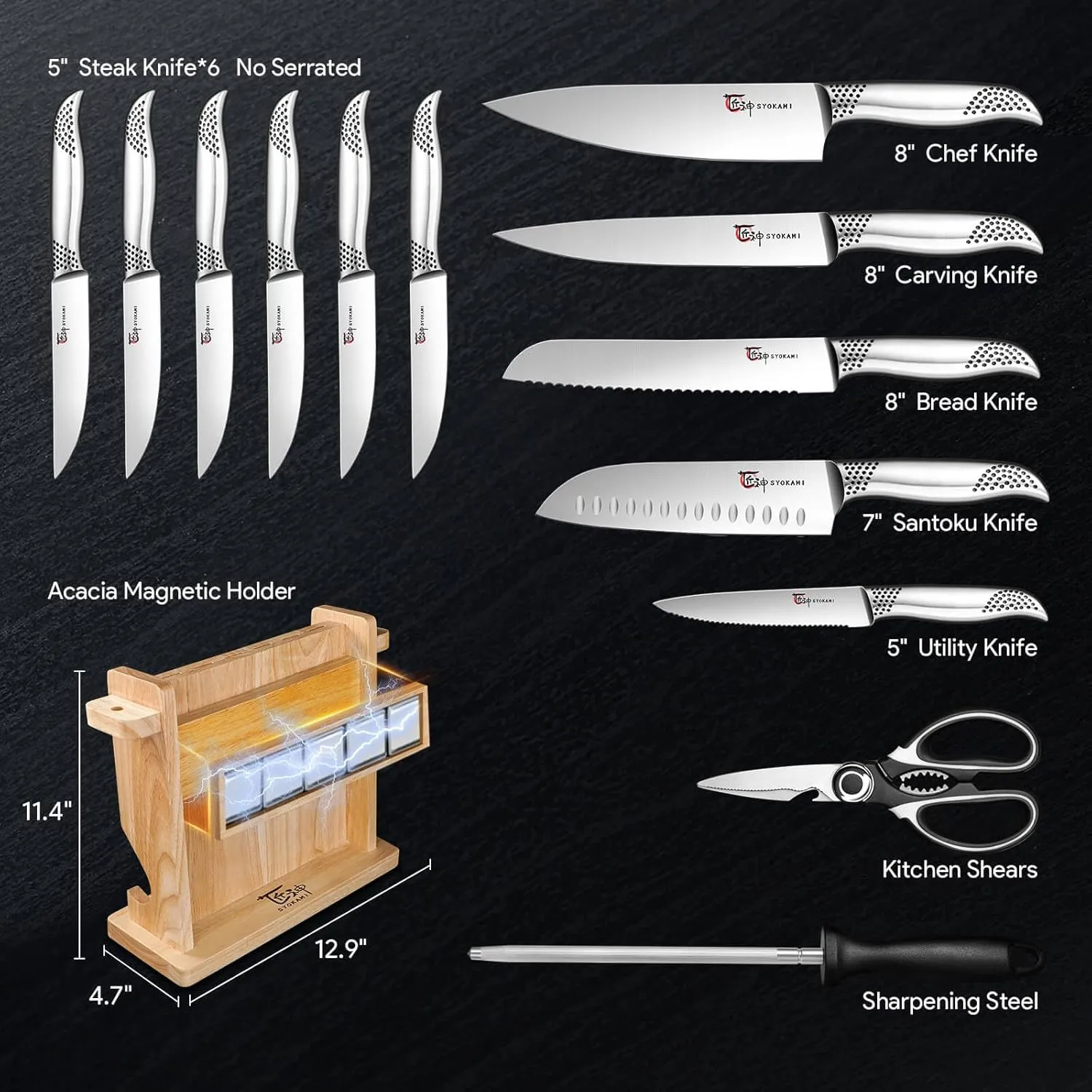 Kitchen Knife Set, Japanese Style Knife Set with Magnetic Block Holder, High Carbon Stainless Steel Sharp Knives Set for kitchen, Ergonomic Handle and Sharpener, 14 PCS Black Dot