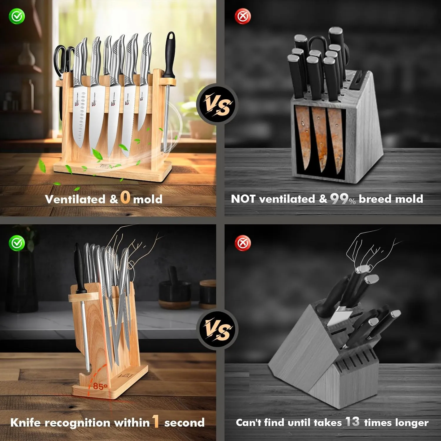 Kitchen Knife Set, Japanese Style Knife Set with Magnetic Block Holder, High Carbon Stainless Steel Sharp Knives Set for kitchen, Ergonomic Handle and Sharpener, 14 PCS Black Dot