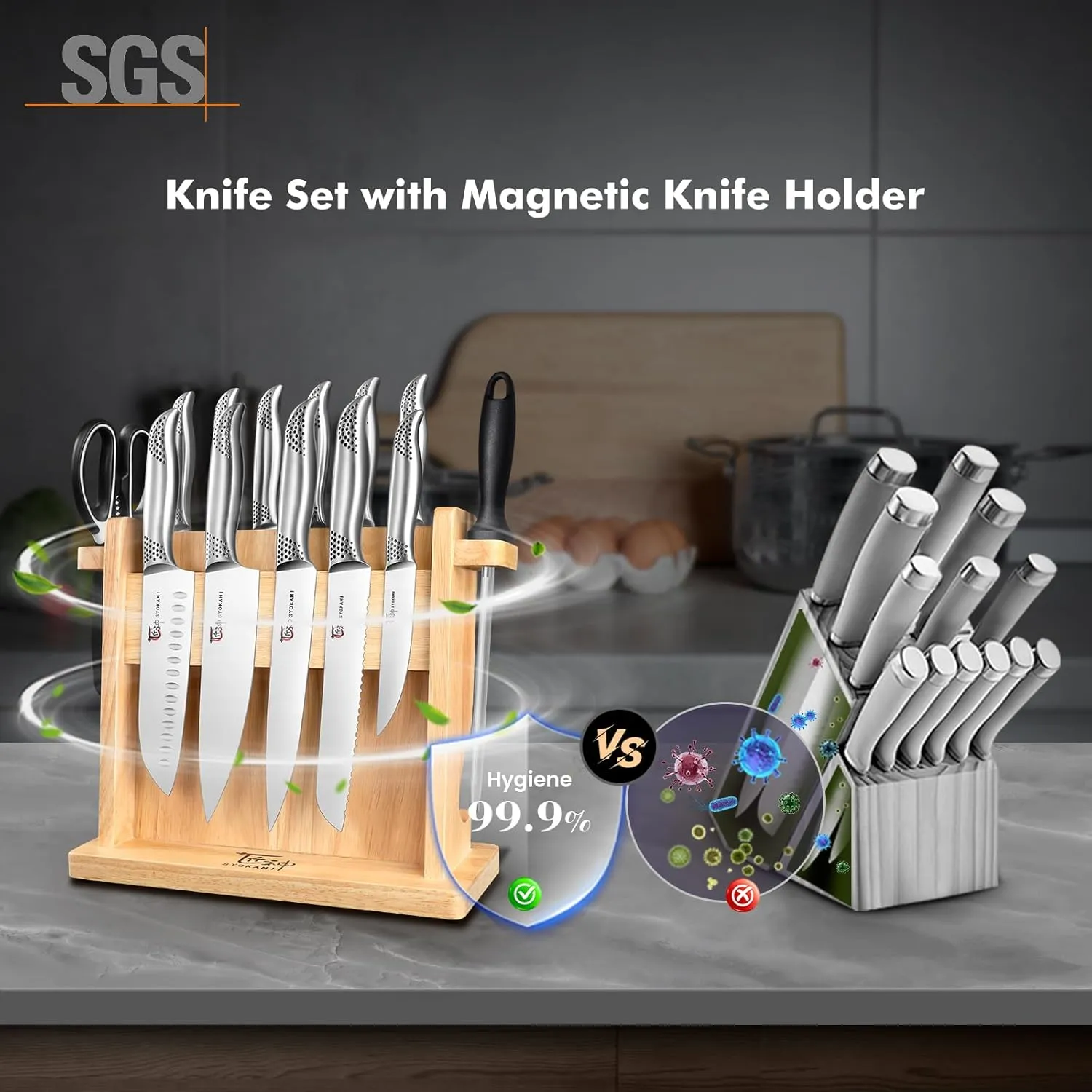 Kitchen Knife Set, Japanese Style Knife Set with Magnetic Block Holder, High Carbon Stainless Steel Sharp Knives Set for kitchen, Ergonomic Handle and Sharpener, 14 PCS Black Dot