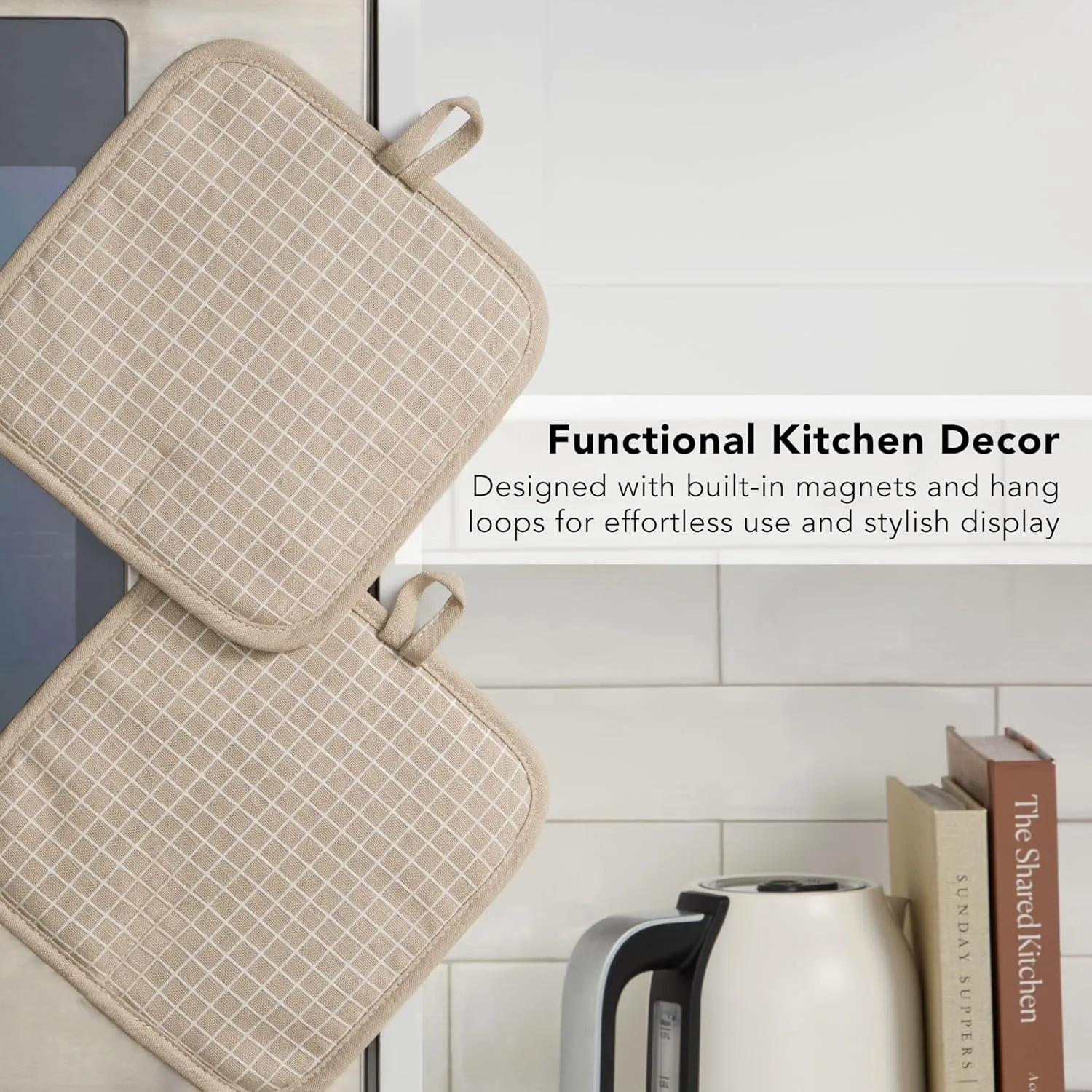 KITCHENAID Gourmet Series Gridlines Pot Holders 2-Pack Set, Heat Resistant up to 600°F, Soft Silicone Grip, Magnetic Cuff, Milkshake Tan, 8"x8"