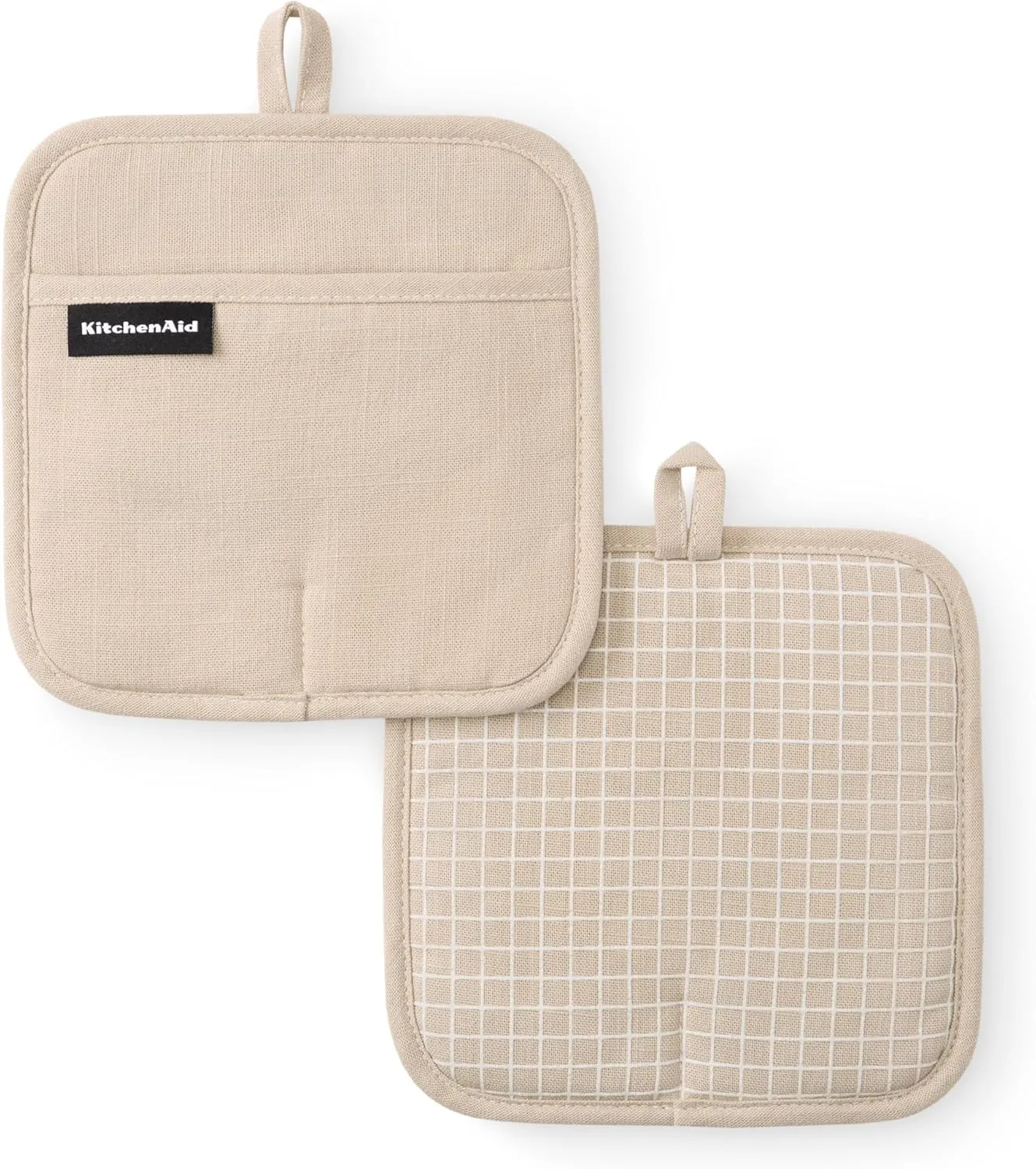 KITCHENAID Gourmet Series Gridlines Pot Holders 2-Pack Set, Heat Resistant up to 600°F, Soft Silicone Grip, Magnetic Cuff, Milkshake Tan, 8"x8"