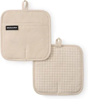 KITCHENAID Gourmet Series Gridlines Pot Holders 2-Pack Set, Heat Resistant up to 600°F, Soft Silicone Grip, Magnetic Cuff, Milkshake Tan, 8"x8"