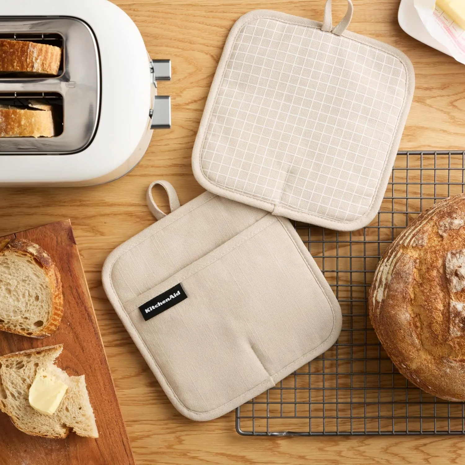 KITCHENAID Gourmet Series Gridlines Pot Holders 2-Pack Set, Heat Resistant up to 600°F, Soft Silicone Grip, Magnetic Cuff, Milkshake Tan, 8"x8"