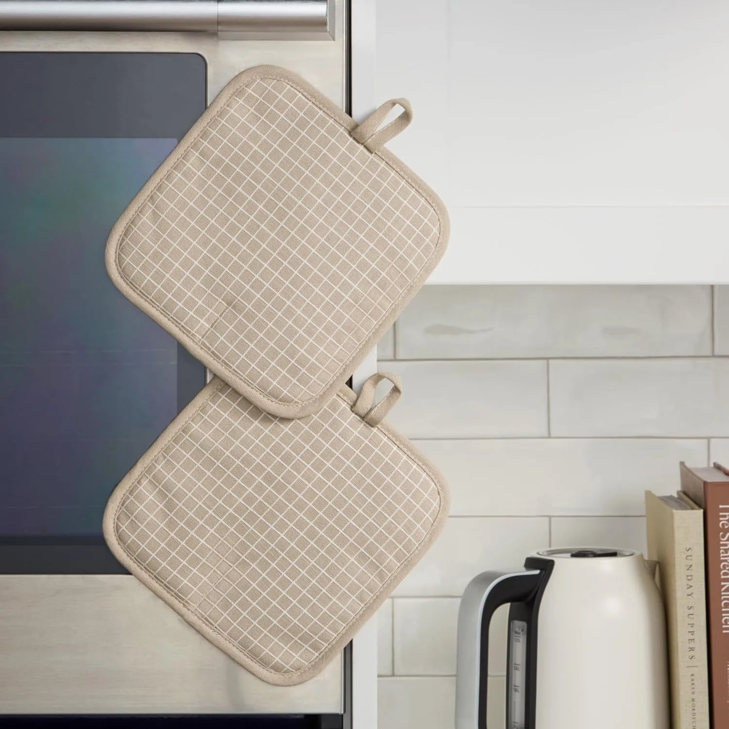KITCHENAID Gourmet Series Gridlines Pot Holders 2-Pack Set, Heat Resistant up to 600°F, Soft Silicone Grip, Magnetic Cuff, Milkshake Tan, 8"x8"