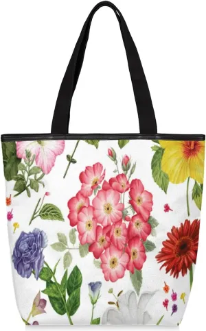 KOBLEN Brightly Colored Flowers Canvas Tote Bag Reusable Grocery Shopping Bags for Women Beach Travel Storage Handbag with Zipper Portable Shoulder Bag