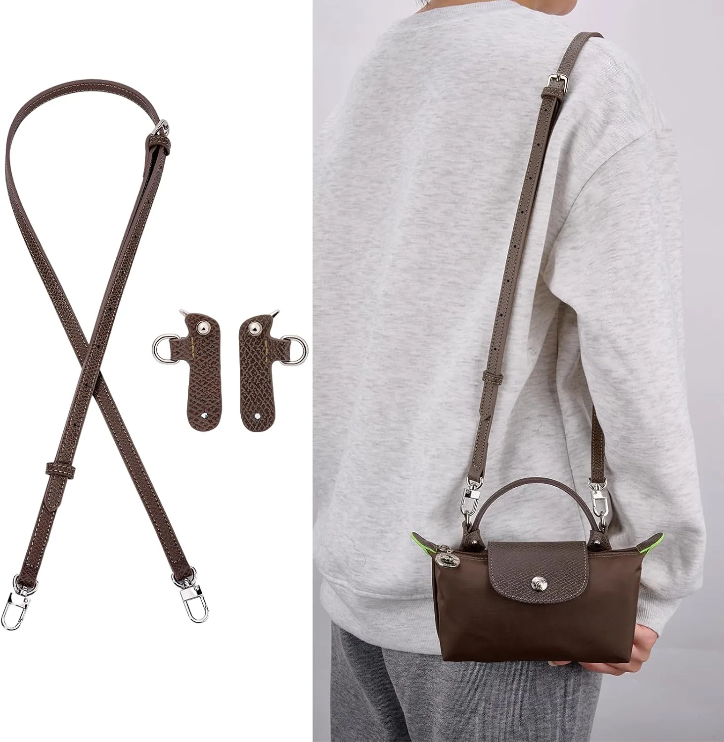 KOMHPS Purse Straps Replacement, Leather Handbag Crossbody Shoulder Strap Kit Adjustable for Mini Longcamp Tote Bag Women