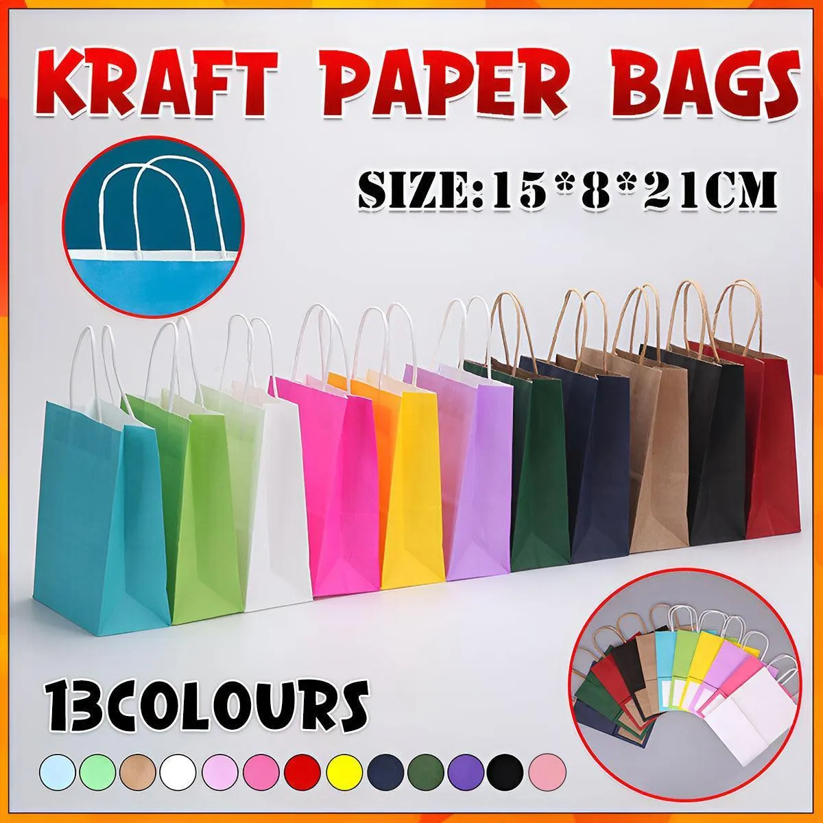Kraft Carry Shopping Paper Bags 20-100PCS 12Colours