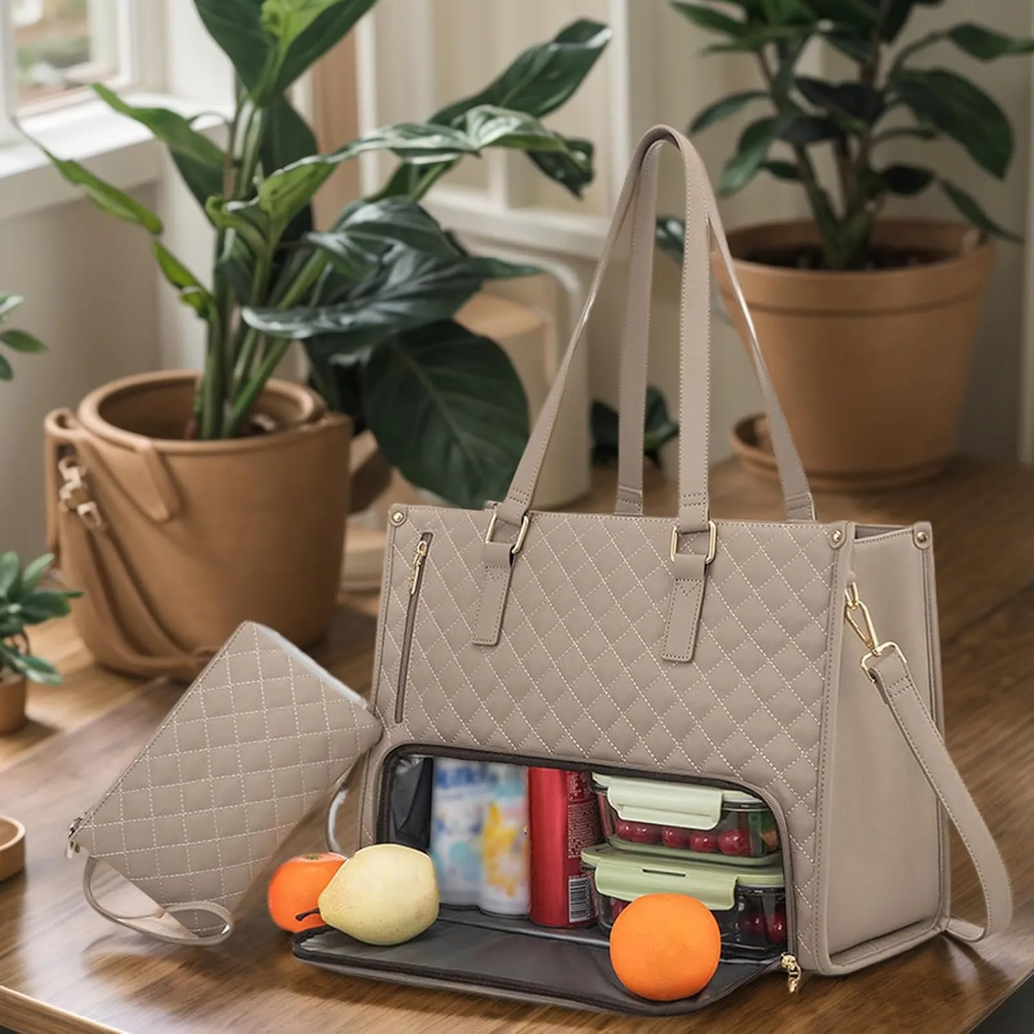 Kristie Leblanc Tote Bag, 2 in 1 Tote Lunch Bag Combo, 15.6 Inch Large Pu Laptop Bags with Insulated Lunch Compartment (Khaki,One Size)
