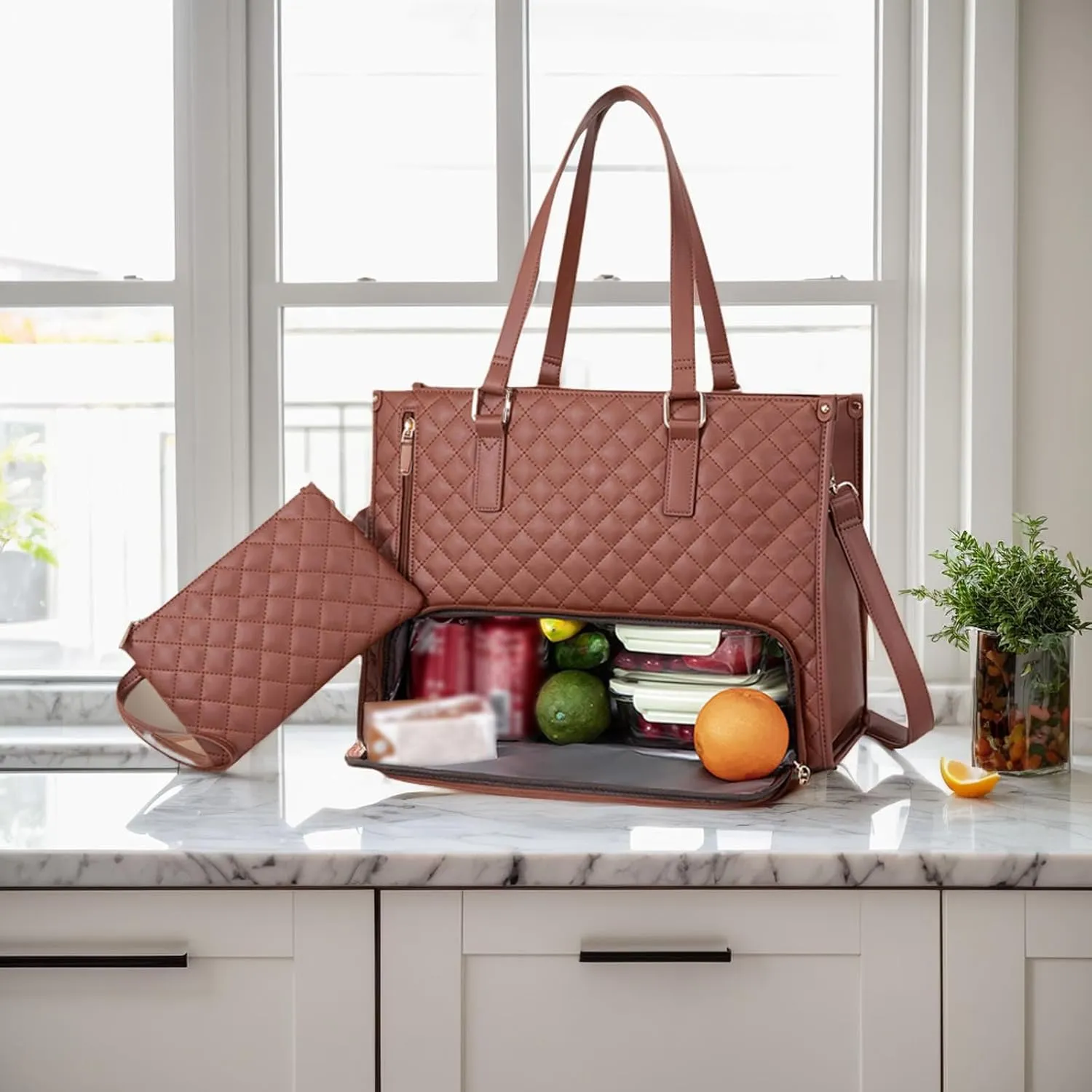 Kristie Leblanc Tote Bag, 2 in 1 Tote Lunch Bag Combo, 15.6 Inch Large Pu Laptop Bags with Insulated Lunch Compartment (Khaki,One Size)