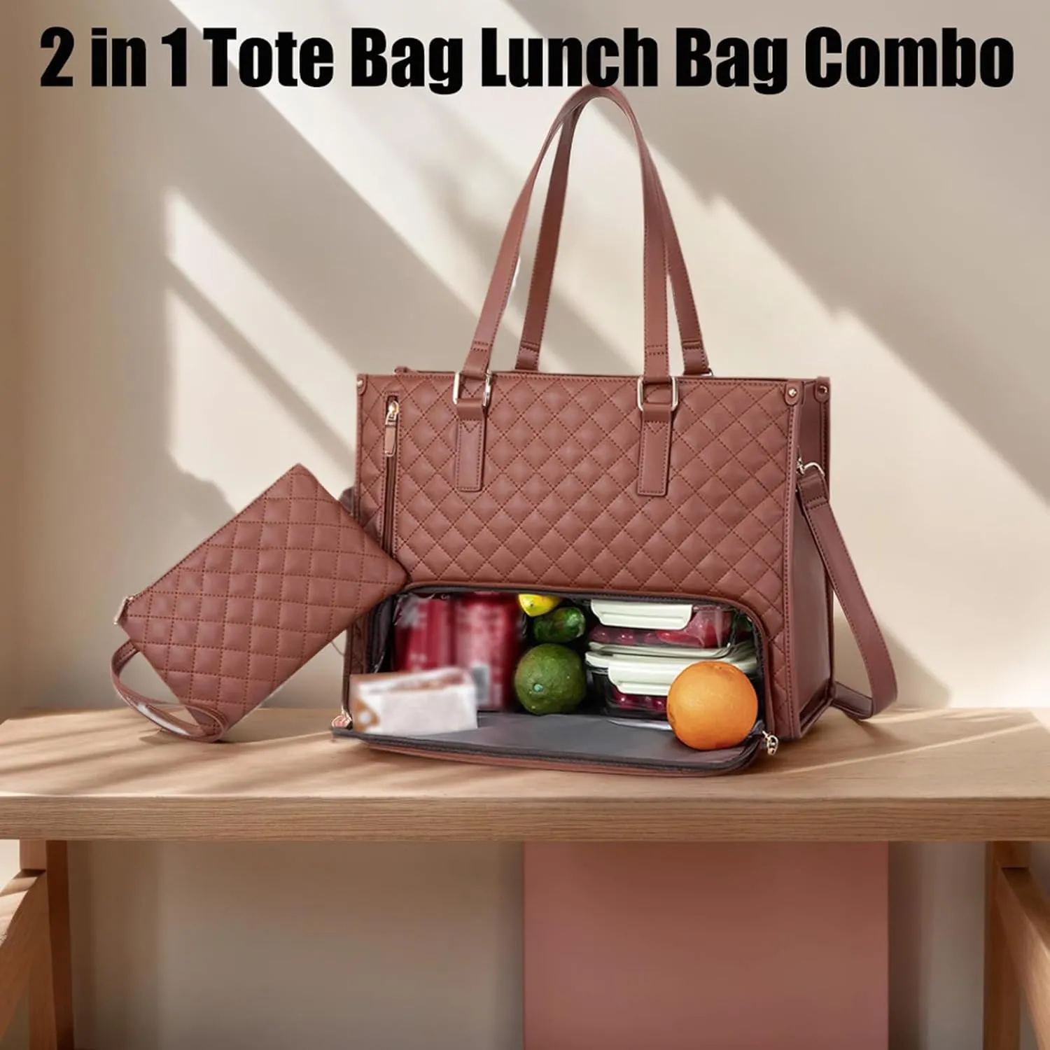 Kristie Leblanc Tote Bag, 2 in 1 Tote Lunch Bag Combo, 15.6 Inch Large Pu Laptop Bags with Insulated Lunch Compartment (Khaki,One Size)