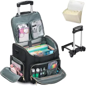 KSIBNW Rolling Laptop Bag for Women, Wheeled Teacher Tote Bag with Accordion Folder Waterproof Briefcases with 17 Inch Laptop Compartment and Detachable Dolly for Office, Work, Craft, Black