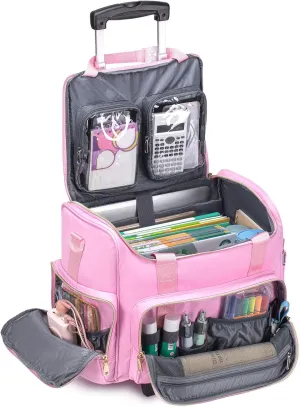 KSIBNW Rolling Laptop Bag for Women, Wheeled Teacher Tote Bag with Accordion Folder Waterproof Briefcases with 17 Inch Laptop Compartment and Detachable Dolly for Office, Work, Craft, Pink