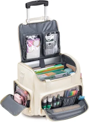 KSIBNW Rolling Laptop Bag for Women, Wheeled Teacher Tote Bag with Accordion Folder Waterproof Briefcases with 17 Inch Laptop Compartment and Detachable Dolly for Office, Work, Craft, White