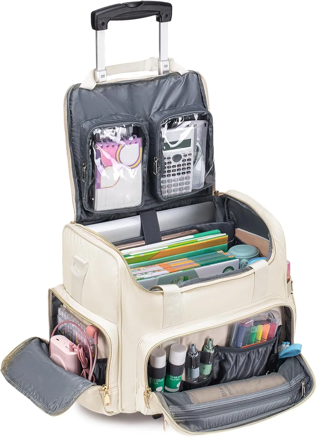 KSIBNW Rolling Laptop Bag for Women, Wheeled Teacher Tote Bag with Accordion Folder Waterproof Briefcases with 17 Inch Laptop Compartment and Detachable Dolly for Office, Work, Craft, White
