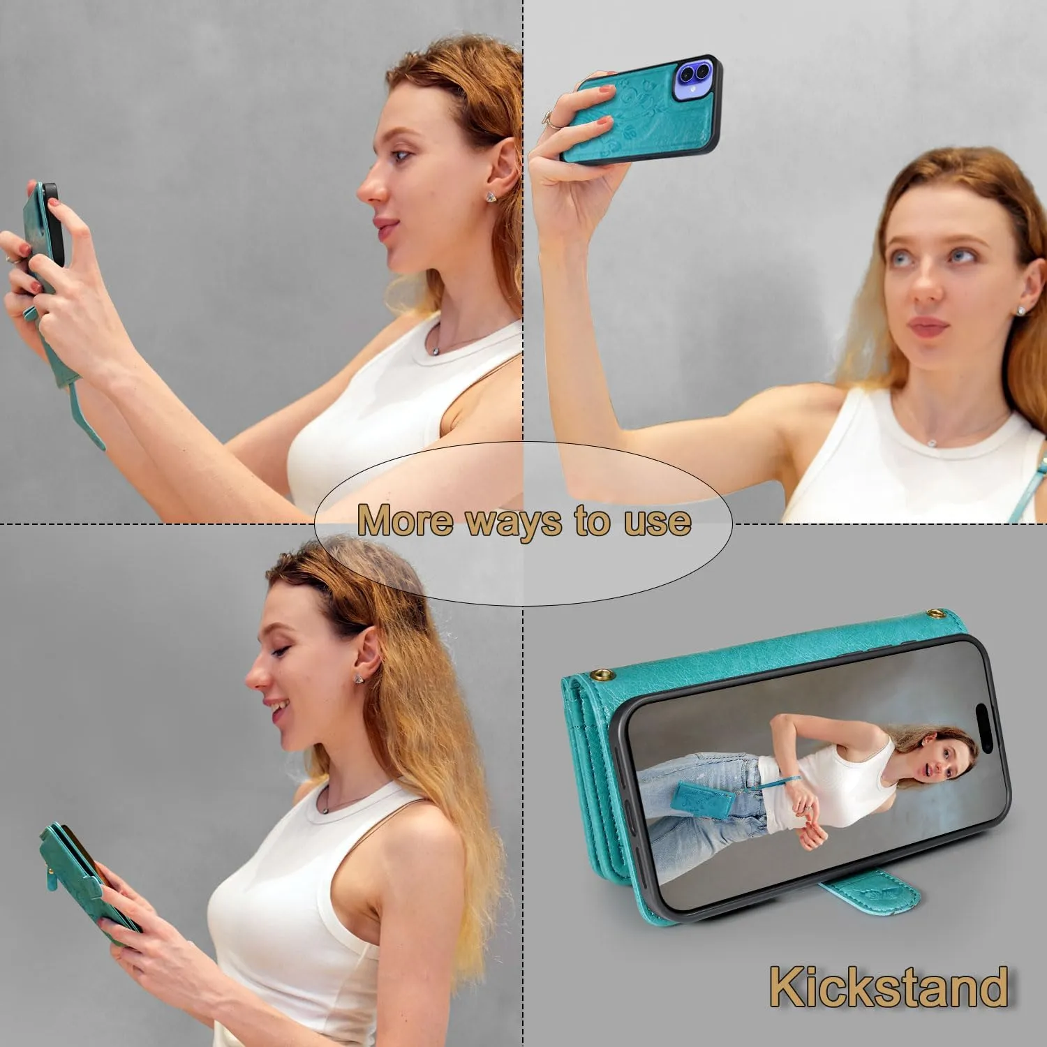 Lacass for iPhone 16 6.1 inch Detachable Crossbody Wallet Case, Compatible with MagSafe Wireless Charging, [Cards Theft Scan Protection], Magnetic Case Stand PU Leather Zipper(Floral Blue Green)