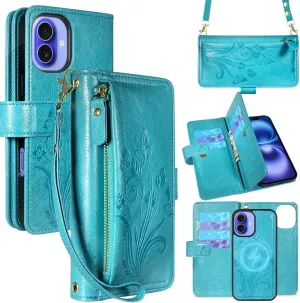 Lacass for iPhone 16 6.1 inch Detachable Crossbody Wallet Case, Compatible with MagSafe Wireless Charging, [Cards Theft Scan Protection], Magnetic Case Stand PU Leather Zipper(Floral Blue Green)