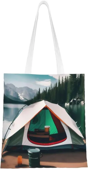 Lake Camping Print Canvas Tote Bag Reusable Shoulder Shopping Bags For Daily Use Shopping Travel