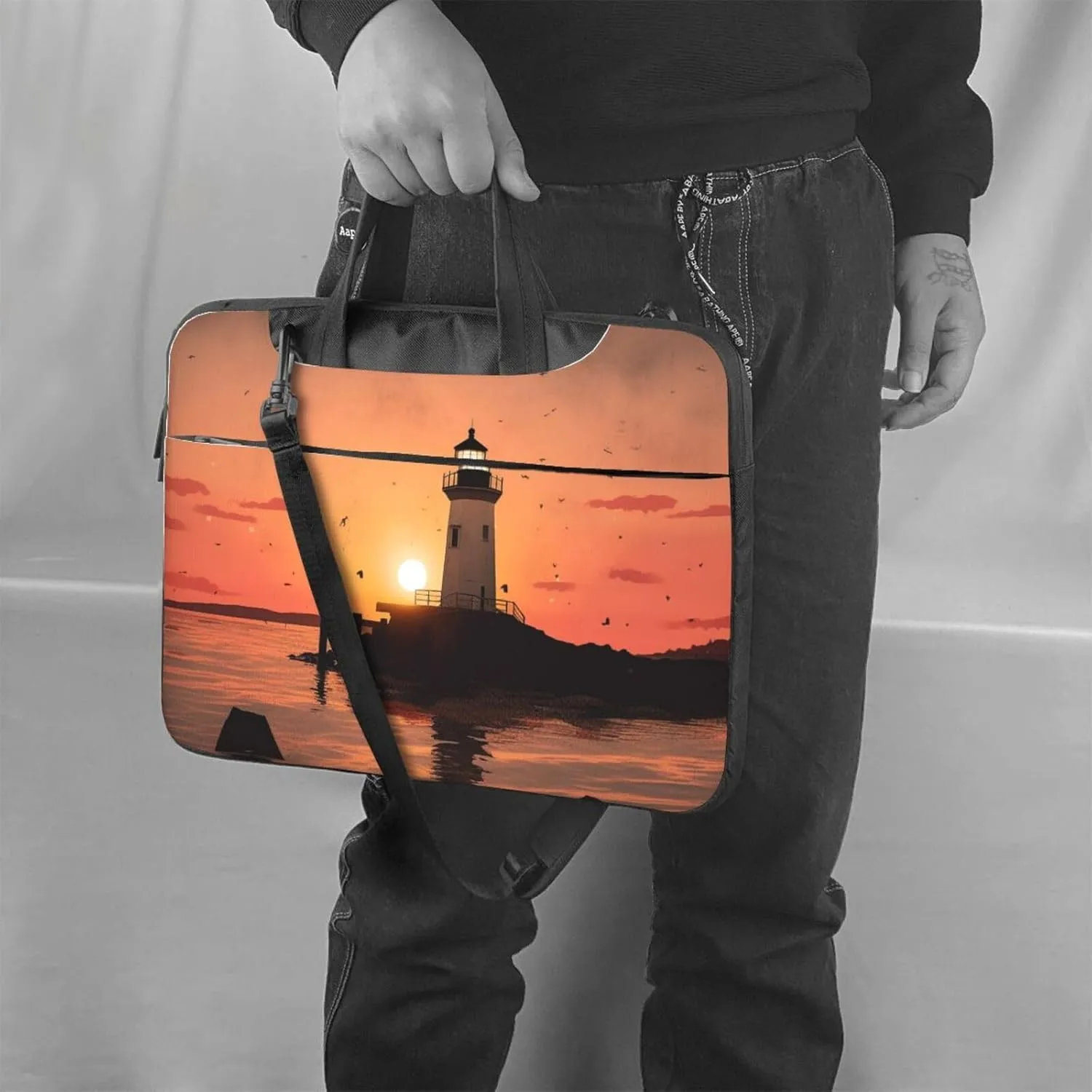 Laptop Sleeve Bag Shockproof Notebook Case Lighthouse Sunrise Computer Carrying Case with Shoulder Strap 15.6 inch