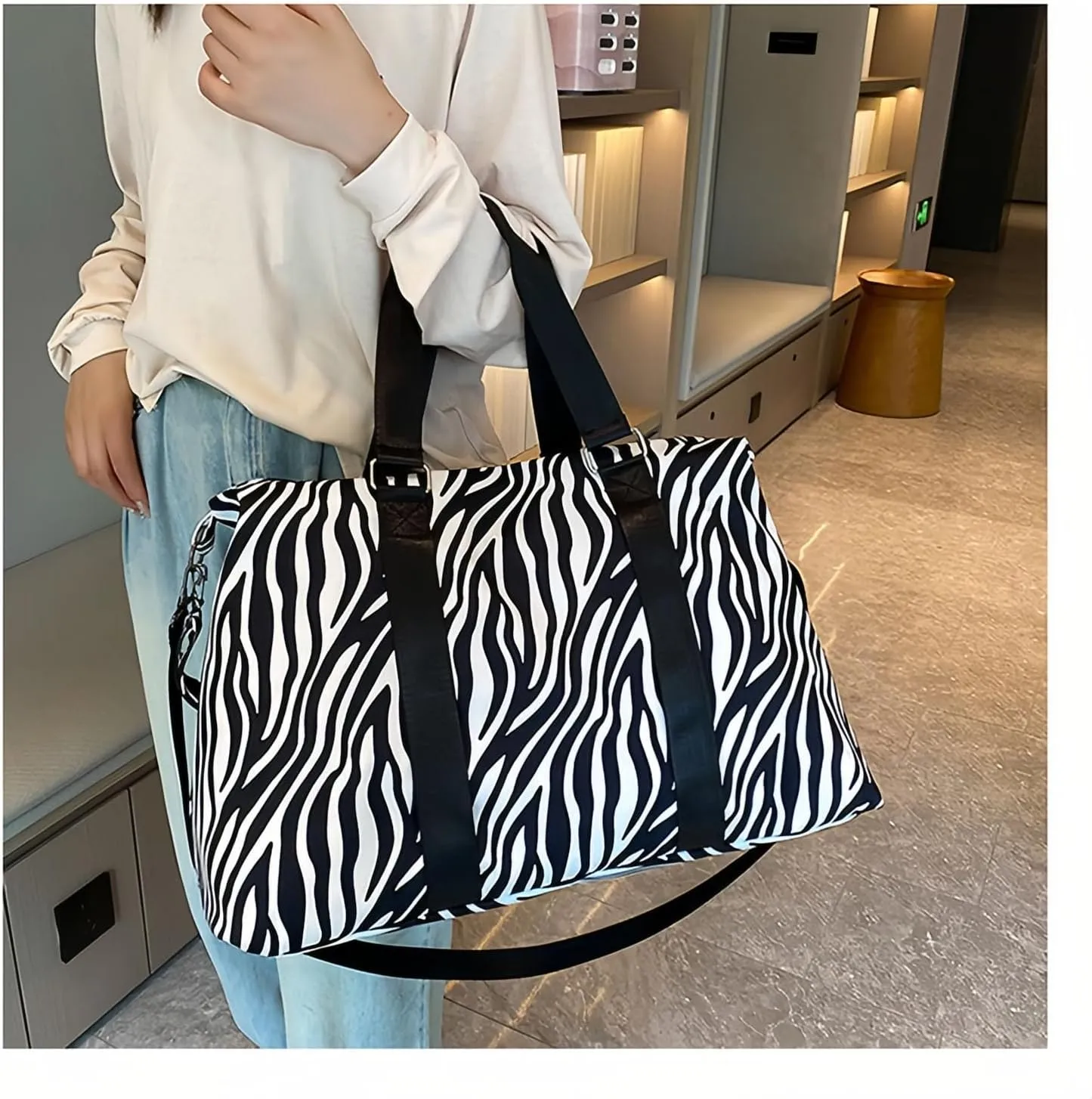 Large Capacity Travel Bag Wet Dry Shoulder Luggage Handbag Leisure Sports Fitness Bag Leopard Print Beach Bags Women's Backpack-Zebra black