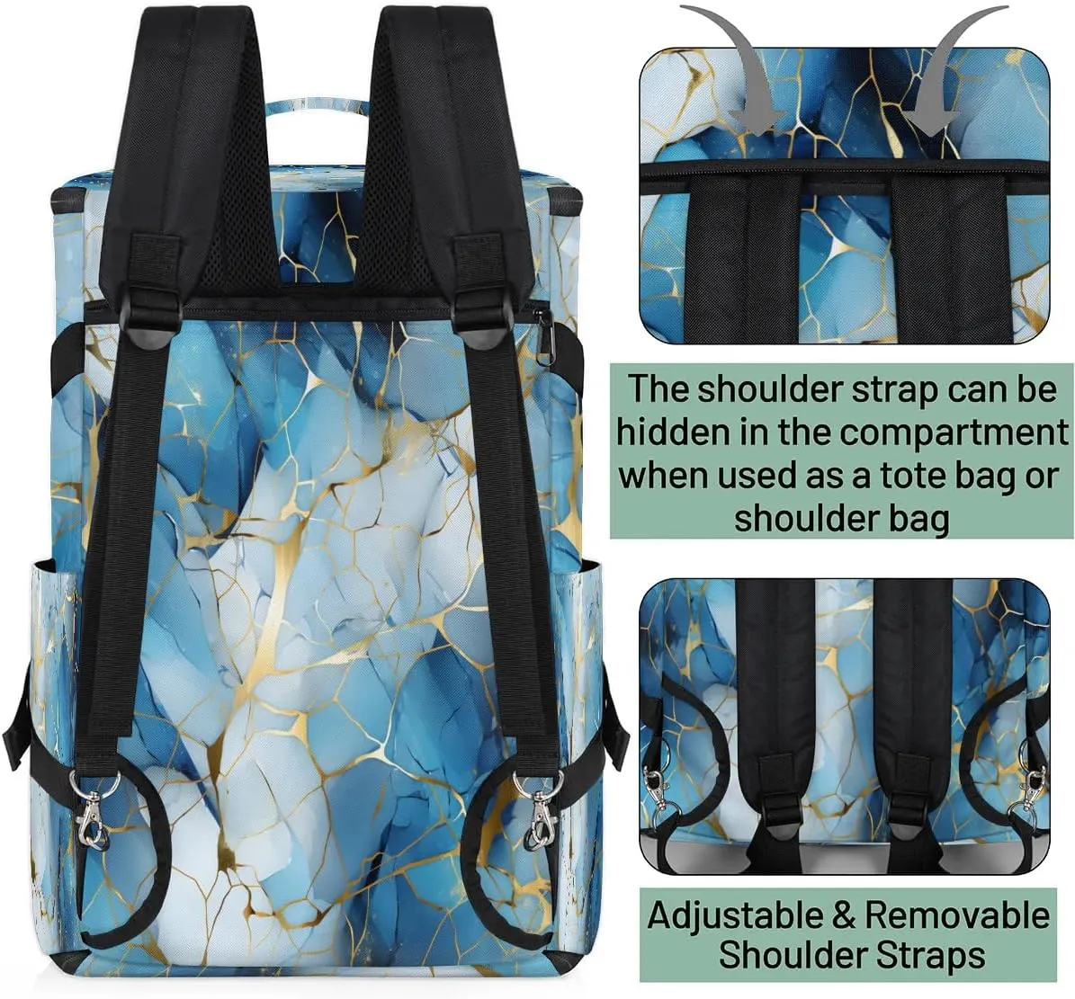 Large Carry on Backpack for Women Men Multi-function Gym Duffle Bag Blue Golden Marble Backpack Polyester Waterproof Duffel Bags