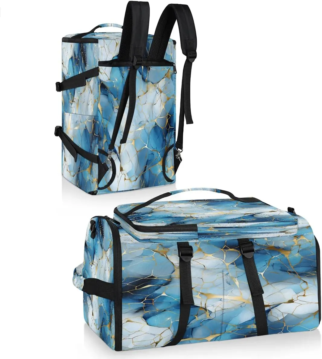 Large Carry on Backpack for Women Men Multi-function Gym Duffle Bag Blue Golden Marble Backpack Polyester Waterproof Duffel Bags