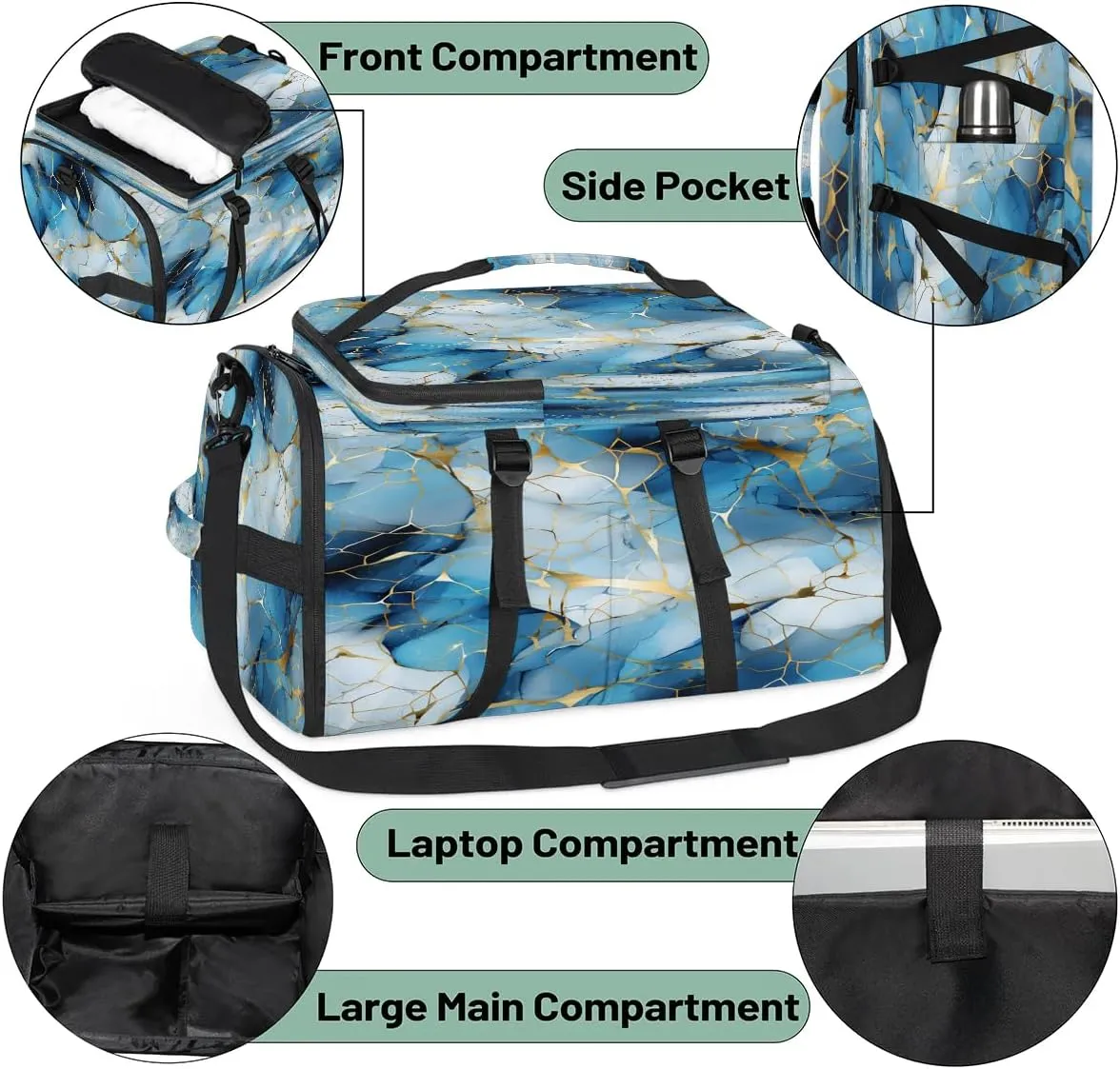 Large Carry on Backpack for Women Men Multi-function Gym Duffle Bag Blue Golden Marble Backpack Polyester Waterproof Duffel Bags