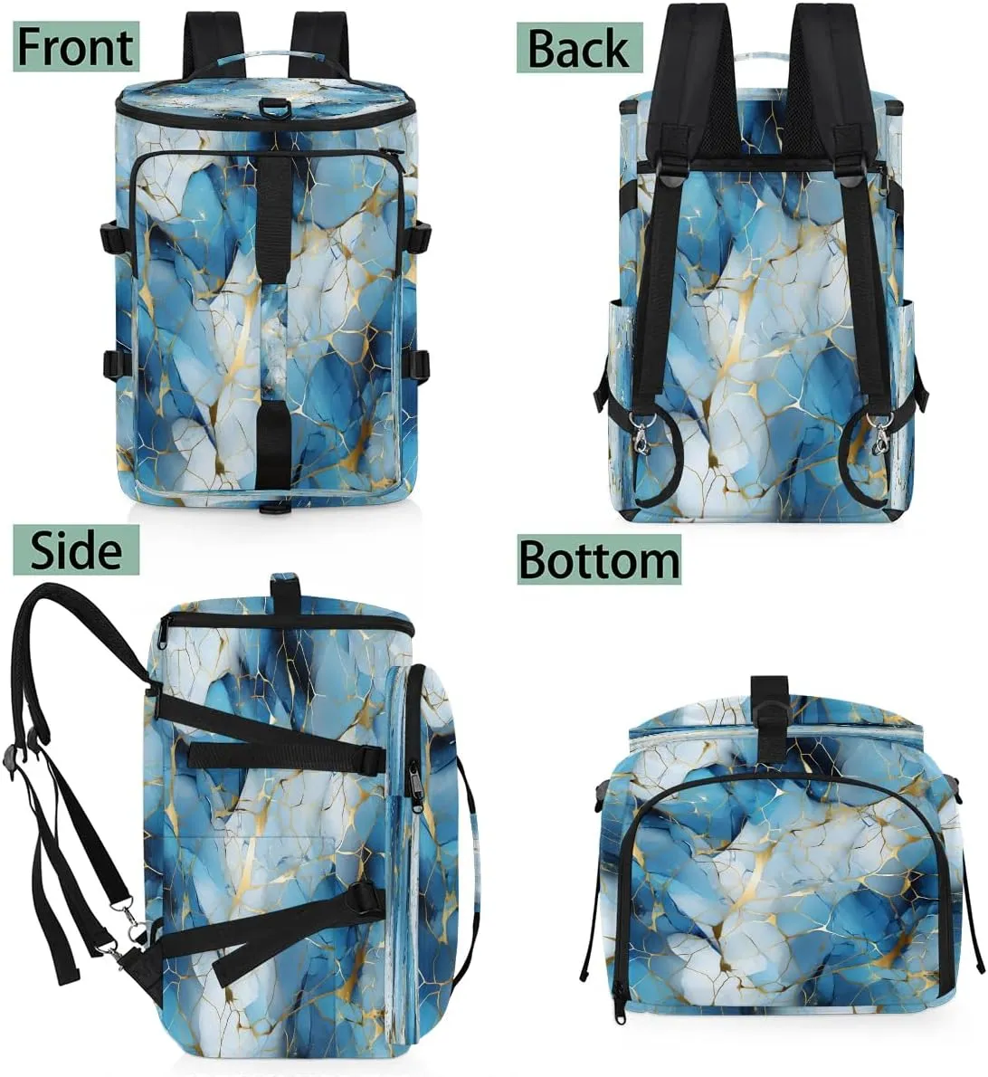 Large Carry on Backpack for Women Men Multi-function Gym Duffle Bag Blue Golden Marble Backpack Polyester Waterproof Duffel Bags