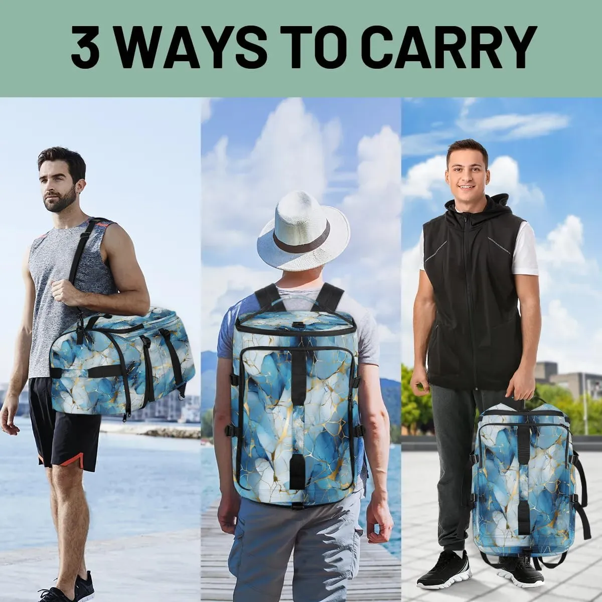 Large Carry on Backpack for Women Men Multi-function Gym Duffle Bag Blue Golden Marble Backpack Polyester Waterproof Duffel Bags