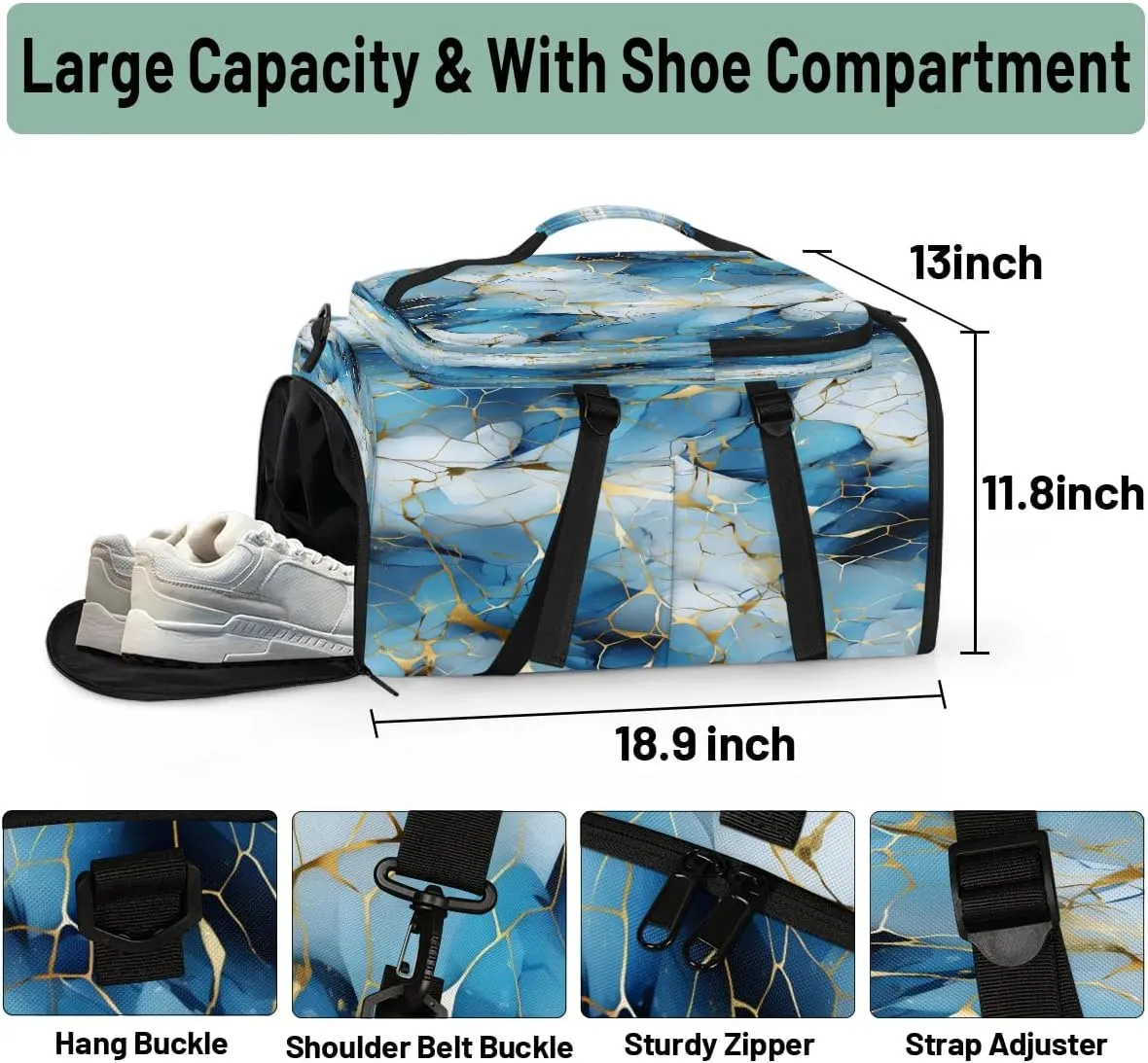 Large Carry on Backpack for Women Men Multi-function Gym Duffle Bag Blue Golden Marble Backpack Polyester Waterproof Duffel Bags