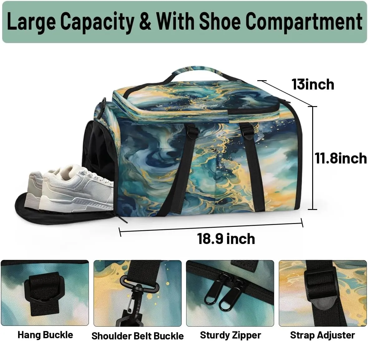 Large Carry on Backpack for Women Men Multi-function Gym Duffle Bag Marble Ocean Pattern Backpack Polyester Waterproof Duffel Bags