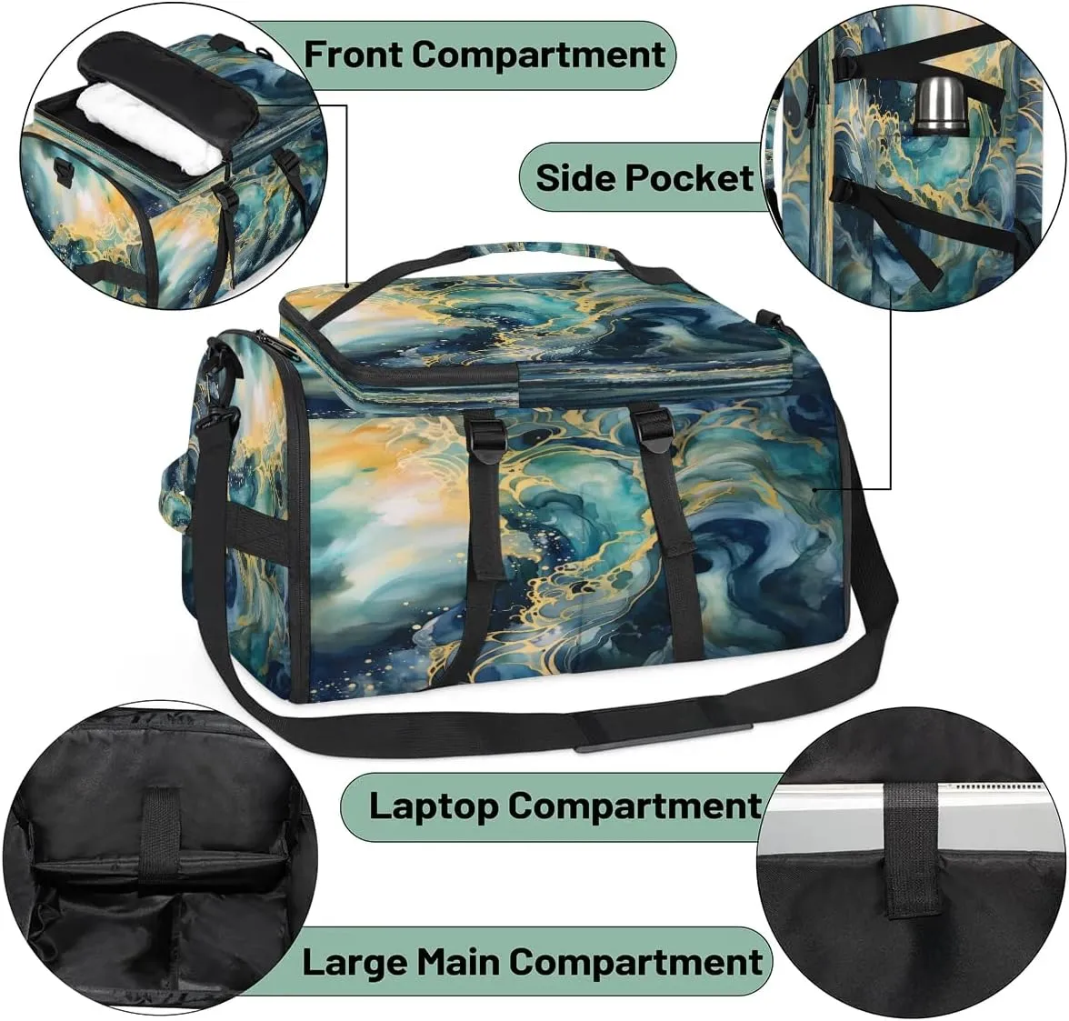 Large Carry on Backpack for Women Men Multi-function Gym Duffle Bag Marble Ocean Pattern Backpack Polyester Waterproof Duffel Bags