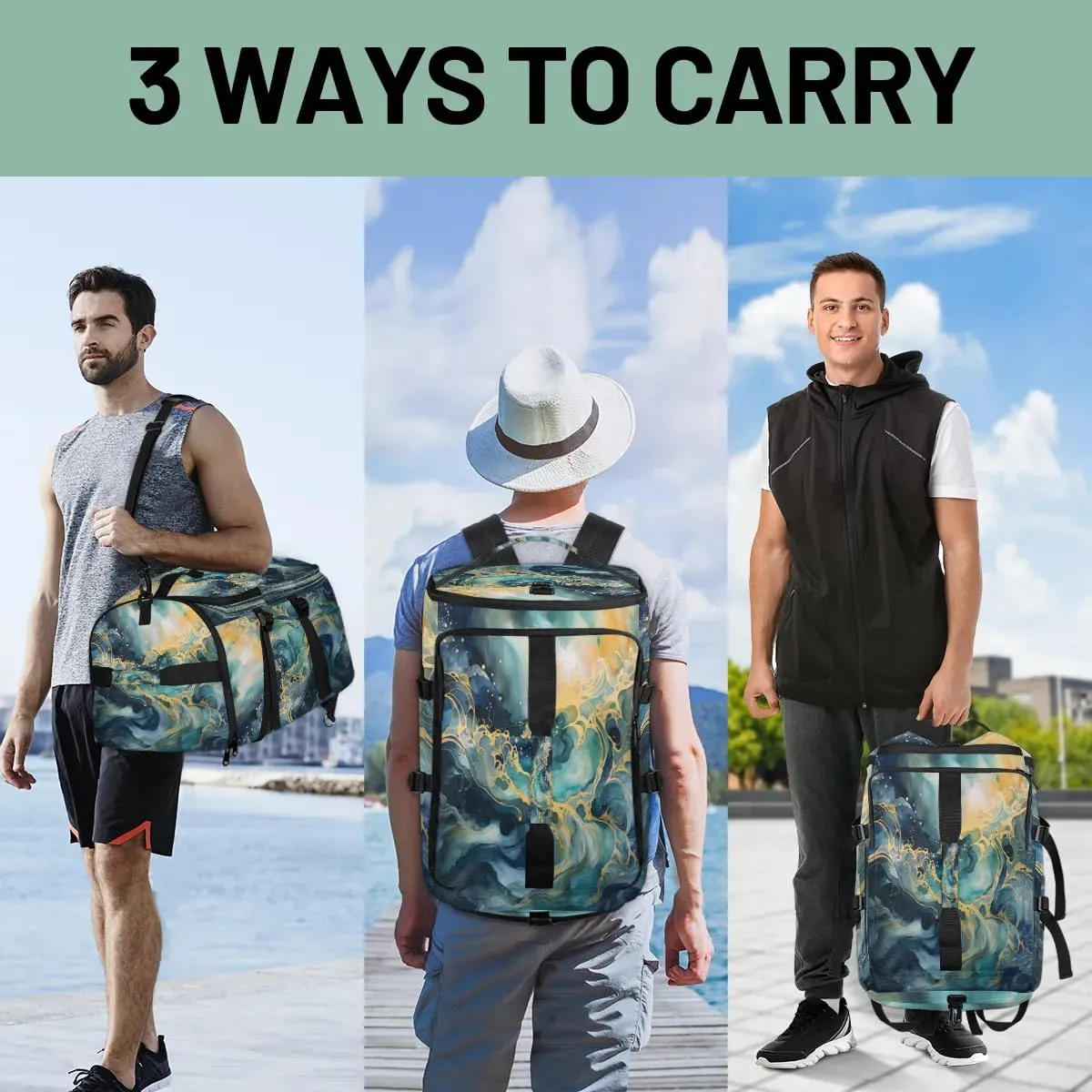 Large Carry on Backpack for Women Men Multi-function Gym Duffle Bag Marble Ocean Pattern Backpack Polyester Waterproof Duffel Bags