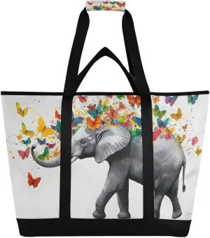 Large Insulated Tote Bag Elephant Colorful Butterflies for Grocery Shopping Reusable Tote Bags for Women Men, Cooler Bag with Zippered Top & Handles for Beach Picnic Travel