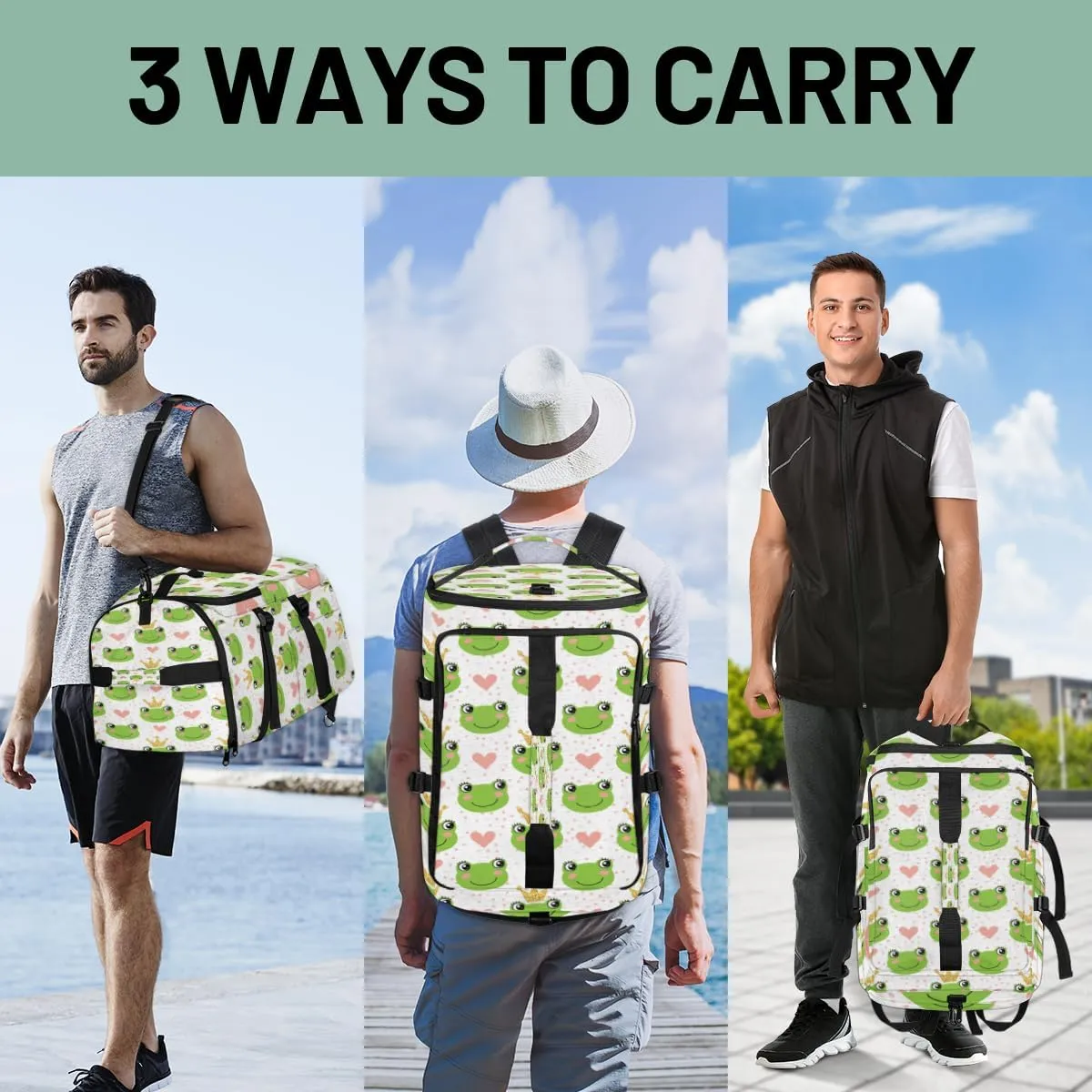Large Sports Gym Bag With Shoe & Laptop Compartment 47L Waterproof Travel Duffel Bags for Men Women Cartoon Frog Luggage Backpack Duffle Bag