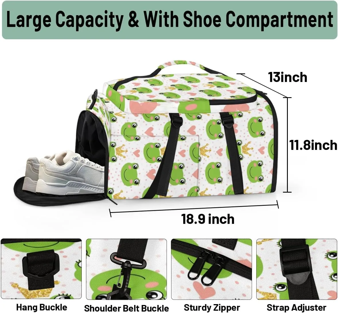 Large Sports Gym Bag With Shoe & Laptop Compartment 47L Waterproof Travel Duffel Bags for Men Women Cartoon Frog Luggage Backpack Duffle Bag