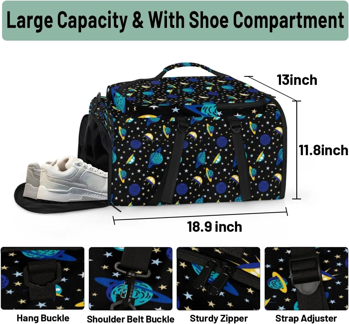 Large Sports Gym Bag With Shoe & Laptop Compartment 47L Waterproof Travel Duffel Bags for Men Women Spacecraft Luggage Backpack Duffle Bag