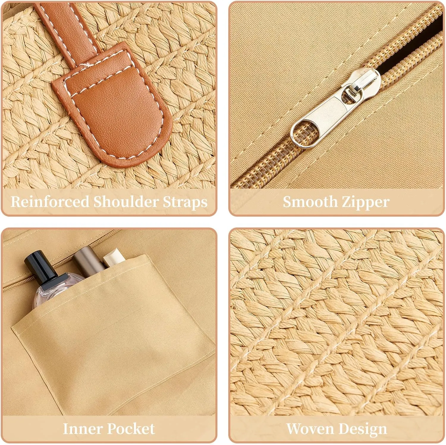 Large Straw Beach Bag for Women Summer Tote Bags Shoulder Handbags Woven Straw Totes-Perfect for Vacations and Outings