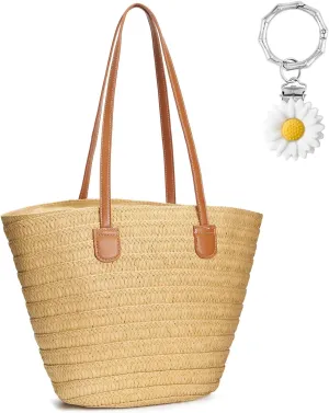 Large Straw Beach Bag for Women Summer Tote Bags Shoulder Handbags Woven Straw Totes-Perfect for Vacations and Outings