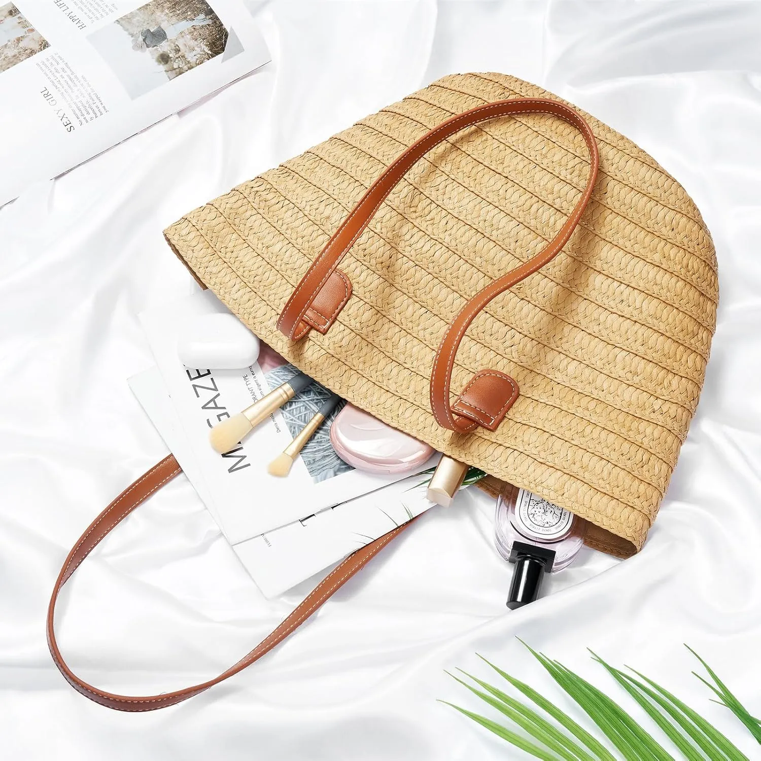 Large Straw Beach Bag for Women Summer Tote Bags Shoulder Handbags Woven Straw Totes-Perfect for Vacations and Outings