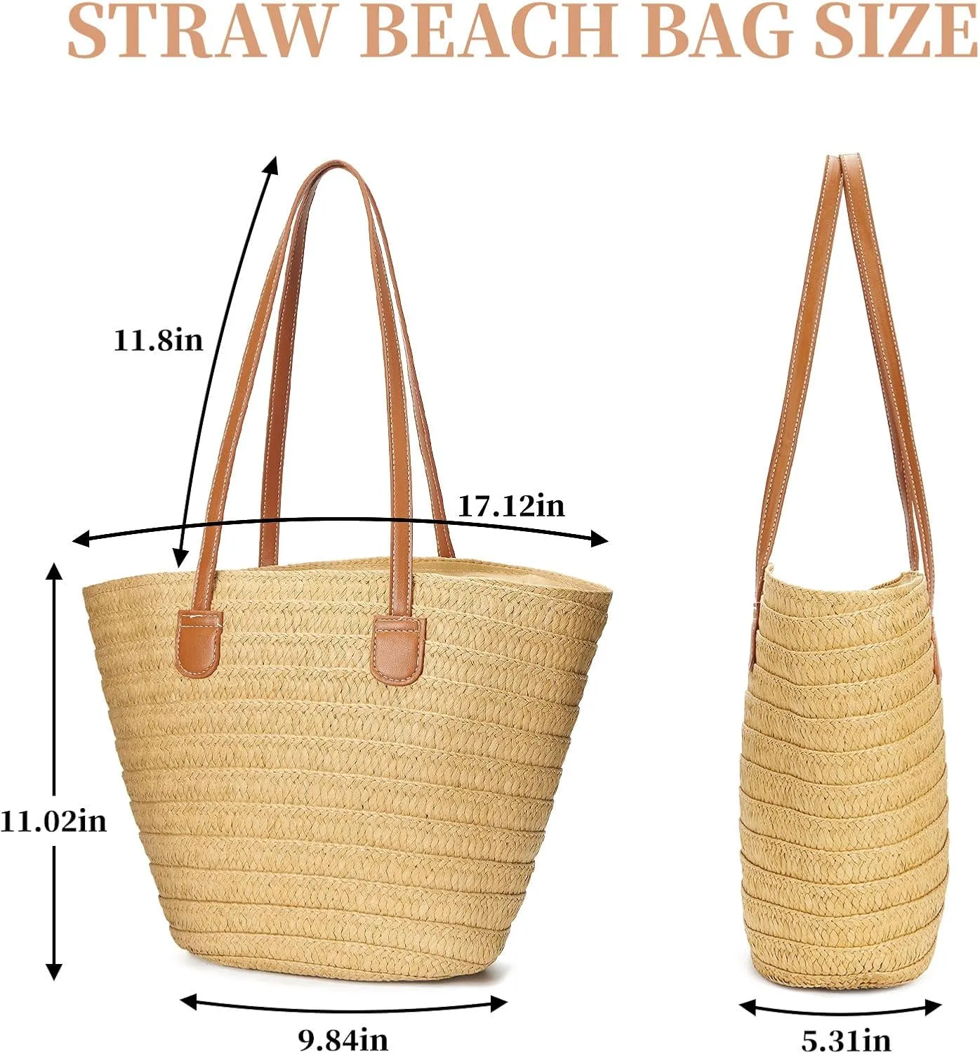 Large Straw Beach Bag for Women Summer Tote Bags Shoulder Handbags Woven Straw Totes-Perfect for Vacations and Outings