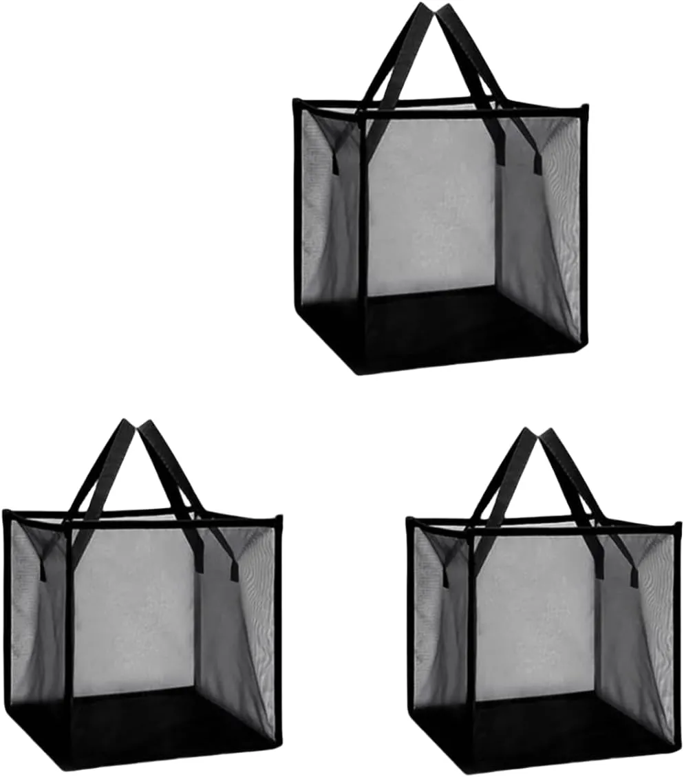 Laundry Hamper Bag with Handles,Portable & Collapsible Dirty Clothes Mesh Basket Foldable for Washing Storage, Kids Room,Dorm or Travel (Black,Single-Layer*3/Package)