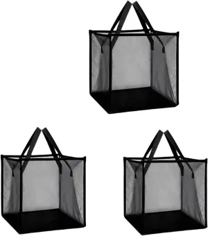 Laundry Hamper Bag with Handles,Portable & Collapsible Dirty Clothes Mesh Basket Foldable for Washing Storage, Kids Room,Dorm or Travel (Black,Single-Layer*3/Package)