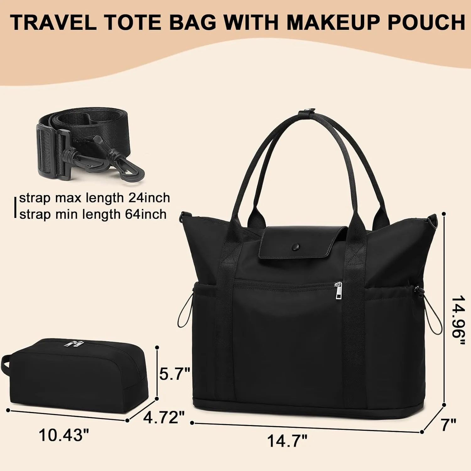 LEDAOU Women's Sports Travel Gym Work Tote Bag, Black, 36.5cm*41cm*18cm