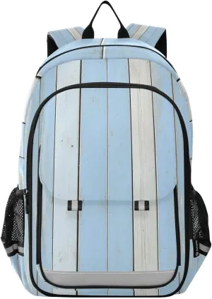 Light Blue Weathered Wooden Planks Multi Compartment Student Backpack Reflective Stripes Travel Bag Casual Daypack School Bags for Boys Girls