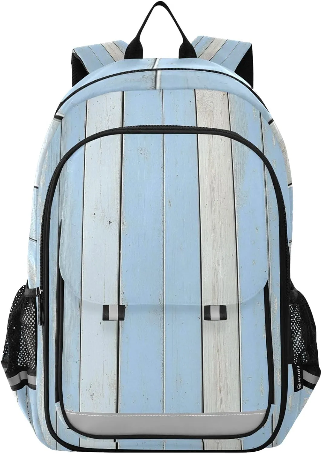 Light Blue Weathered Wooden Planks Multi Compartment Student Backpack Reflective Stripes Travel Bag Casual Daypack School Bags for Boys Girls