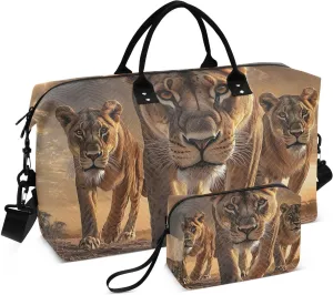Lion Closeup Sunset Duffel Bag for Traveling, Gym Bags with Multiple Interior Pockets for Women Men Toiletry Purse Included 20.5”x 1.9” x 13.8”